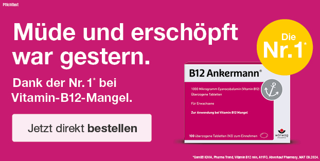 B12 Ankermann®. Wirkstoff: Cyanocobalamin 1000 μg. Anwendungsgebiete: Behandlung von Vitamin-B12-Mangelzuständen, die durch Mangelernährung verursacht werden, Behandlung (Erhaltungstherapie) von Vitamin-B12-Mangelzuständen, z. B. in Folge einer beeinträchtigten Aufnahme (Resorption) von Vitamin B12, dauerhafte Behandlung einer durch Vitamin-B12-Mangel induzierten perniziösen Anämie nach Normalisierung der Blutwerte. Die Behandlung einer perniziösen Anämie bzw. neurologischer Symptome erfolgt zu Beginn parenteral bis zur Normalisierung der Blutwerte. B12 Ankermann® wird angewendet bei Erwachsenen. Zu Risiken und Nebenwirkungen lesen Sie die Packungsbeilage und fragen Sie Ihre Ärztin, Ihren Arzt oder in Ihrer Apotheke. Wörwag Pharma GmbH & Co. KG, 71034 Böblingen B12 ANKERMANN 1000 µg Dragees